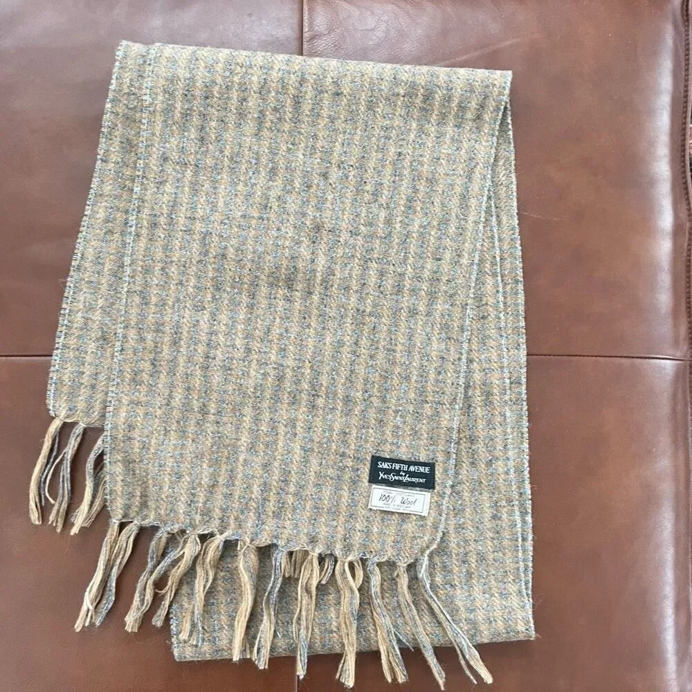 Yves Saint Laurent Saks Fifth Avenue Camel Tan Grey Neutral Plaid Scarf Shetland